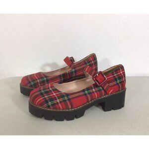 Red Plaid Chunky Platform Mary Jane Shoes Grunge Womens 40